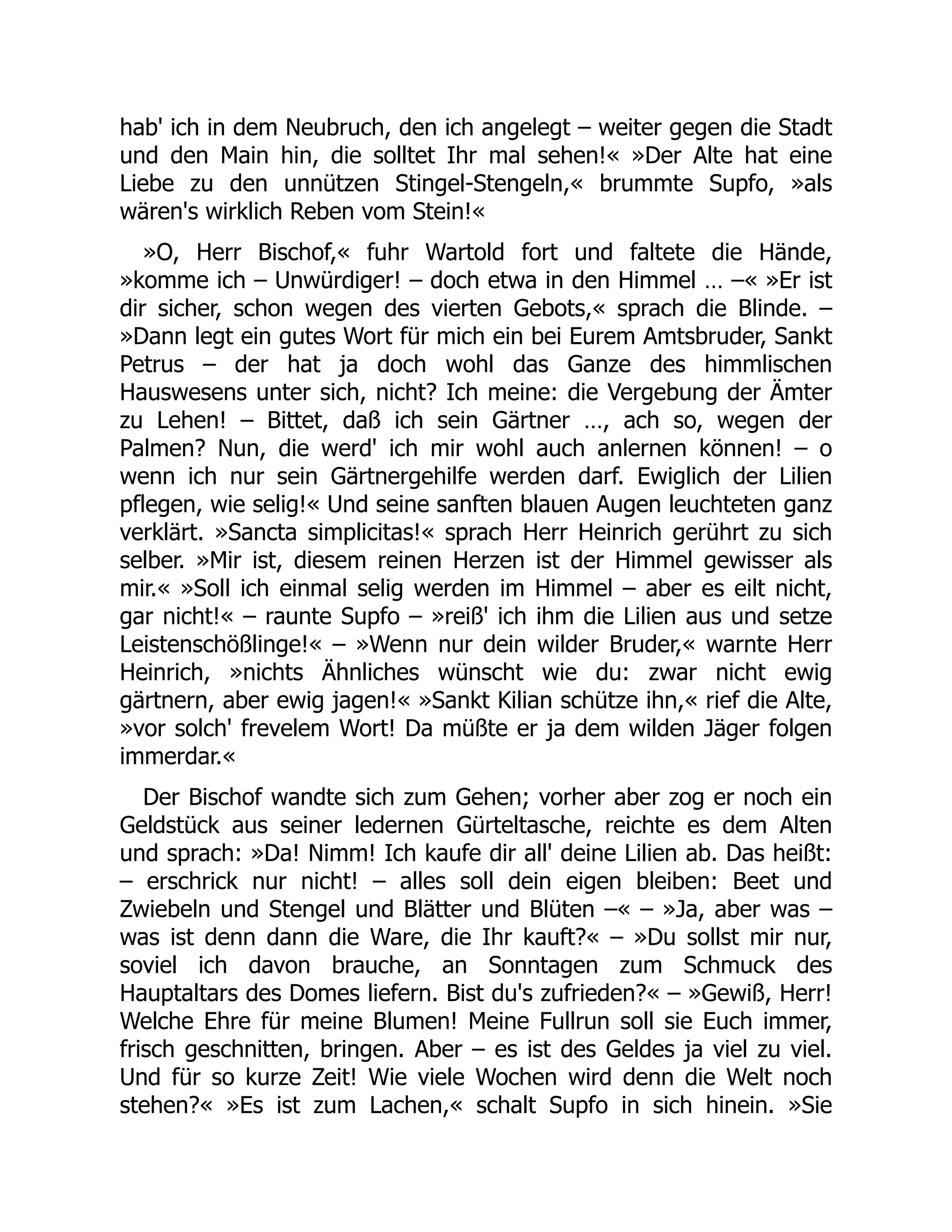 hab' ich in dem Neubruch, den ich angelegt – weiter gegen die Stadt
und den Main hin, die solltet Ihr mal sehen!« »Der Alte hat eine
Liebe zu den unnützen Stingel-Stengeln,« brummte Supfo, »als
wären's wirklich Reben vom Stein!«
»O, Herr Bischof,« fuhr Wartold fort und faltete die Hände,
»komme ich – Unwürdiger! – doch etwa in den Himmel … –« »Er ist
dir sicher, schon wegen des vierten Gebots,« sprach die Blinde. –
»Dann legt ein gutes Wort für mich ein bei Eurem Amtsbruder, Sankt
Petrus – der hat ja doch wohl das Ganze des himmlischen
Hauswesens unter sich, nicht? Ich meine: die Vergebung der Ämter
zu Lehen! – Bittet, daß ich sein Gärtner …, ach so, wegen der
Palmen? Nun, die werd' ich mir wohl auch anlernen können! – o
wenn ich nur sein Gärtnergehilfe werden darf. Ewiglich der Lilien
pflegen, wie selig!« Und seine sanften blauen Augen leuchteten ganz
verklärt. »Sancta simplicitas!« sprach Herr Heinrich gerührt zu sich
selber. »Mir ist, diesem reinen Herzen ist der Himmel gewisser als
mir.« »Soll ich einmal selig werden im Himmel – aber es eilt nicht,
gar nicht!« – raunte Supfo – »reiß' ich ihm die Lilien aus und setze
Leistenschößlinge!« – »Wenn nur dein wilder Bruder,« warnte Herr
Heinrich, »nichts Ähnliches wünscht wie du: zwar nicht ewig
gärtnern, aber ewig jagen!« »Sankt Kilian schütze ihn,« rief die Alte,
»vor solch' frevelem Wort! Da müßte er ja dem wilden Jäger folgen
immerdar.«
Der Bischof wandte sich zum Gehen; vorher aber zog er noch ein
Geldstück aus seiner ledernen Gürteltasche, reichte es dem Alten
und sprach: »Da! Nimm! Ich kaufe dir all' deine Lilien ab. Das heißt:
– erschrick nur nicht! – alles soll dein eigen bleiben: Beet und
Zwiebeln und Stengel und Blätter und Blüten –« – »Ja, aber was –
was ist denn dann die Ware, die Ihr kauft?« – »Du sollst mir nur,
soviel ich davon brauche, an Sonntagen zum Schmuck des
Hauptaltars des Domes liefern. Bist du's zufrieden?« – »Gewiß, Herr!
Welche Ehre für meine Blumen! Meine Fullrun soll sie Euch immer,
frisch geschnitten, bringen. Aber – es ist des Geldes ja viel zu viel.
Und für so kurze Zeit! Wie viele Wochen wird denn die Welt noch
stehen?« »Es ist zum Lachen,« schalt Supfo in sich hinein. »Sie
 