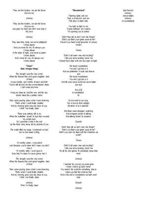 They are the hunters, we are the foxes 
And we run 
(chorus) 
They are the hunters, we are the foxes 
And we run 
Just grab my hand and don't ever drop it 
My love 
(chorus) 
They take their shots, but we're bulletproof 
I know places 
And you know for me, it's always you 
I know places 
In the dead of night, your eyes so green 
I know places 
And I know for you, it's always me 
I know places 
"Clean" 
(feat. Imogen Heap) 
The drought was the very worst 
When the flowers that we'd grown together died 
of thirst 
It was months, and months of back and forth 
You're still all over me like a wine-stained dress 
I can't wear anymore 
Hung my head as I lost the war, and the sky 
turned black like a perfect storm 
Rain came pouring down when I was drowning 
That's when I could finally breathe 
And by morning gone was any trace of you, 
I think I am finally clean 
There was nothing left to do 
When the butterflies turned to dust that covered 
my whole room 
So I punched a hole in the roof 
Let the flood carry away all my pictures of you 
The water filled my lungs, I screamed so loud 
but no one heard a thing 
(chorus) 
10 months sober, I must admit 
Just because you're clean don't mean you don't 
miss it 
10 months older, I won't give in 
Now that I'm clean I'm never gonna risk it 
The drought was the very worst 
When the flowers that we'd grown together died 
of thirst 
Rain came pouring down when I was drowning 
That's when I could finally breathe 
And by morning gone was any trace of you, 
I think I am finally clean 
(chorus) 
Think I'm finally clean 
"Wonderland" 
Flashing lights and we 
Took a wrong turn and we 
Fell down a rabbit hole. 
You held on tight to me 
'Cause nothing's as it seems 
I'm spinning out of control. 
Didn't they tell us don't rush into things? 
Didn't you flash your green eyes at me? 
Haven't you heard what becomes of curious 
minds? 
Ooooo 
Didn't it all seem new and exciting? 
I felt your arms twisting 'round me 
I should have slept with one eye open at night. 
We found wonderland 
You and I got lost in it 
And we pretended it could last forever 
aye 
We found wonderland 
You and I got lost in it 
And life was never worse but never better 
aye aye 
Aye [x5] 
In wonderland 
3x 
So we went on our way 
Too in love to think straight 
All alone or so it seemed. 
But there were strangers watching 
And whispers turned to talking 
And talking turned to screams. 
Oooooh 
Didn't they tell us don't rush into things? 
Didn't you flash your green eyes at me? 
Didn't you calm my fears with the Cheshire cat 
smile? 
Ooooo 
Didn't it all seem new and exciting? 
I felt your arms twisting 'round me 
It's all fun and games 'til somebody loses their 
mind. 
(chorus) 
I reached for you but you were gone 
I knew I had to go back home 
You search the world for something else to 
make you feel like what we had 
And in the end in wonderland we both went 
mad. 
Oooooh 
(chorus) 
(last forever) 
(chorus) 
(never better) 
(chorus) 
(in wonderland) 
