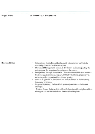 Project Name HCA MEDITECH NPR SSRS PR
Responsibilities  Estimations : Onsite Project Lead provide estimations which is to be
scoped by Offshore Coordinator myself.
 Document Management: Ensure all developers maintain updating the
unit test case documents and requirement documents
 Design Walk through : Ensure that Offshore team understands the exact
Business requirements and agree with the level of testing necessary in
order to produce reports with optimum quality.
 Issue Management : Coordinated the team members in review of any
issues and problems.
 Progress Reporting : Daily & Weekly status presented to the Project
Manager.
 Testing : Ensure that any defects identified during different phase of the
testing life cycle is addressed and root cause investigated.
 