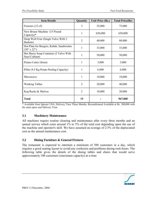 Pre-Feasibility Study                                                           Fast Food Restaurant


                  Item Details                  Quantity     Unit Price (Rs.)      Total Price(Rs)
 Freezers (12 cf)                                   3             25,000               75,000

 New Broast Machine (15 Pound
                                                    1             650,000              650,000
 Capacity)*
 Deep Well Frier (Single Valve With 2
                                                    2             40,000               80,000
 Baskets)
 Hot Plate for Burgers, Kebab, Sandwiches
                                                    1             33,000               33,000
 (30” x 22”)
 Bin Marry Soup Container (2 Valve With
                                                    1             50,000               50,000
 Steel Cabinet)

 Potato Cutter (8mm)                                1              3,000                3,000

 Pillar (4.5 Kg Potato Peeling Capacity)            1              6,000                6,000

 Microwave                                          1             10,000               10,000

 Working Tables                                     2             20,000               40,000

 Keg Racks & Shelves                                2             10,000               20,000

 Total                                              15               -                 967,000
* Available from Spinzer USA, Delivery Time Three Months, Reconditioned Available at Rs. 200,000 with
the same specs and Delivery Time


3. 1       Machinery Maintenance
All machines require routine cleaning and maintenance after every three months and an
annual service which costs around 1% to 5% of the total cost depending upon the use of
the machine and operator's skill. We have assumed an average of 2.5% of the depreciated
cost as the annual maintenance cost.

3. 2       Dining Furniture & General Fixtures
The restaurant is expected to entertain a minimum of 300 customers in a day, which
requires a good seating layout to avoid any confusion and problems during rush hours. The
following table gives the details of the dining tables and chairs that would serve
approximately 100 customers (maximum capacity) at a time:




PREF-11/December, 2006/
 