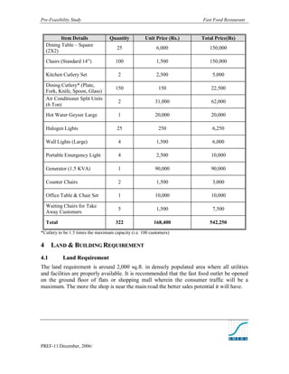 Pre-Feasibility Study                                                   Fast Food Restaurant


           Item Details            Quantity          Unit Price (Rs.)   Total Price(Rs)
    Dining Table – Square
                                       25                  6,000           150,000
    (2X2)
    Chairs (Standard 14”)             100                  1,500           150,000

    Kitchen Cutlery Set                2                   2,500            5,000

    Dining Cutlery* (Plate,
                                      150                   150             22,500
    Fork, Knife, Spoon, Glass)
    Air Conditioner Split Units
                                       2                  31,000            62,000
    (6 Ton)
    Hot Water Geyser Large             1                  20,000            20,000

    Halogen Lights                     25                   250             6,250

    Wall Lights (Large)                4                   1,500            6,000

    Portable Emergency Light           4                   2,500            10,000

    Generator (1.5 KVA)                1                  90,000            90,000

    Counter Chairs                     2                   1,500            3,000

    Office Table & Chair Set           1                  10,000            10,000

    Waiting Chairs for Take
                                       5                   1,500            7,500
    Away Customers

    Total                             322                 168,400          542,250
*Cutlery to be 1.5 times the maximum capacity (i.e. 100 customers)

4      LAND & BUILDING REQUIREMENT
4. 1        Land Requirement
The land requirement is around 2,000 sq.ft. in densely populated area where all utilities
and facilities are properly available. It is recommended that the fast food outlet be opened
on the ground floor of flats or shopping mall wherein the consumer traffic will be a
maximum. The more the shop is near the main road the better sales potential it will have.




PREF-11/December, 2006/
 