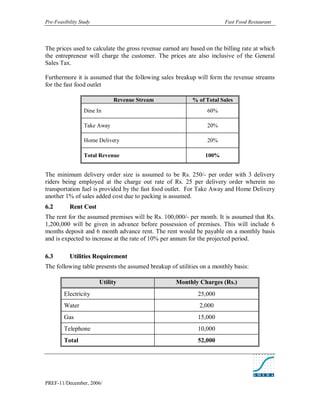 Pre-Feasibility Study                                                   Fast Food Restaurant




The prices used to calculate the gross revenue earned are based on the billing rate at which
the entrepreneur will charge the customer. The prices are also inclusive of the General
Sales Tax.

Furthermore it is assumed that the following sales breakup will form the revenue streams
for the fast food outlet

                              Revenue Stream               % of Total Sales
                  Dine In                                       60%

                  Take Away                                     20%

                  Home Delivery                                 20%

                  Total Revenue                                 100%


The minimum delivery order size is assumed to be Rs. 250/- per order with 3 delivery
riders being employed at the charge out rate of Rs. 25 per delivery order wherein no
transportation fuel is provided by the fast food outlet. For Take Away and Home Delivery
another 1% of sales added cost due to packing is assumed.
6. 2       Rent Cost
The rent for the assumed premises will be Rs. 100,000/- per month. It is assumed that Rs.
1,200,000 will be given in advance before possession of premises. This will include 6
months deposit and 6 month advance rent. The rent would be payable on a monthly basis
and is expected to increase at the rate of 10% per annum for the projected period.

6. 3       Utilities Requirement
The following table presents the assumed breakup of utilities on a monthly basis:

                        Utility                     Monthly Charges (Rs.)
        Electricity                                          25,000
        Water                                                2,000
        Gas                                                  15,000
        Telephone                                            10,000
        Total                                                52,000




PREF-11/December, 2006/
 