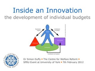 Inside an Innovation
the development of individual budgets




        Dr Simon Duffy ￭ The Centre for Welfare Reform ￭
        SPRU Event at University of York ￭ 7th February 2012
 