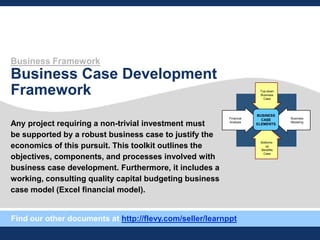 Business Framework
Business Case Development
Framework
Any project requiring a non-trivial investment must
be supported by a robust business case to justify the
economics of this pursuit. This toolkit outlines the
objectives, components, and processes involved with
business case development. Furthermore, it includes a
working, consulting quality capital budgeting business
case model (Excel financial model).
Bottoms-
up
Benefits
Case
Business
Modeling
Top-down
Business
Case
Financial
Analysis
BUSINESS
CASE
ELEMENTS
Find our other documents at http://flevy.com/seller/learnppt
 