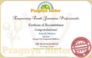 Subodh Shahare
HR MANAGEMENT
ON February, 12th 2015
Pragnya Meter score 5.6 out of 10
This certification may be verified at www.pragnyameter.com using certificate ID 523142
 