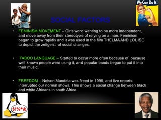 SOCIAL FACTORS
• FEMINISM MOVEMENT – Girls were wanting to be more independent,
and move away from their stereotype of relying on a man. Feminism
began to grow rapidly and it was used in the film THELMA AND LOUISE
to depict the zeitgeist of social changes.
• TABOO LANGUAGE – Started to occur more often because of because
well-known people were using it, and popular bands began to put it into
their music.
• FREEDOM – Nelson Mandela was freed in 1990, and live reports
interrupted our normal shows. This shows a social change between black
and white Africans in south Africa.
 
