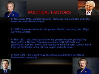 POLITICAL FACTORS
• In November 1990, Margret Thatcher resigns as Prime Minister and John
Major becomes Prime Minister.
• In 1992 the conservatives win the general election, returning John Major
as Prime Minister.
• In May 1997, the Labour party wins the general election, putting Tony
Blair as Prime Minister. New words such as NEW LABOUR, and
BLAIRISM – welfare to work, and tough love were the norm. Labour learnt
from the Clintonites in the US how to gain and hold power.
• In April 1998 – the Good Friday Agreement establishes a developed
Northern Irish assembly.
 