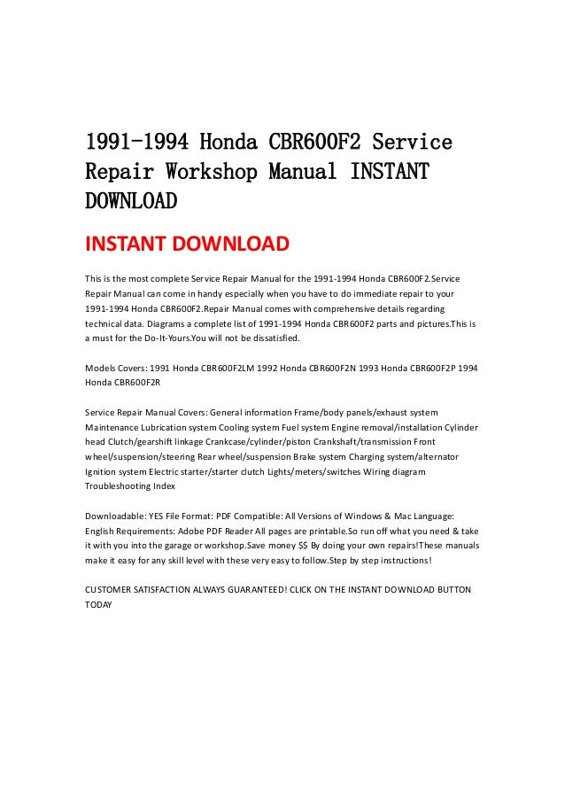 1991 1994 Honda Cbr600 F2 Service Repair Workshop Manual Instant Down