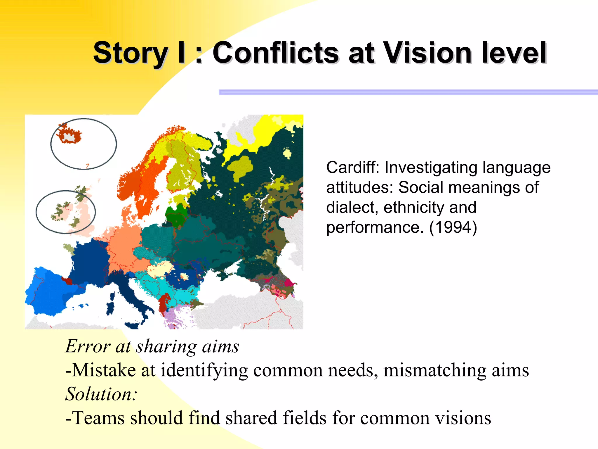 Story I : Conflicts at Vision level Error at sharing aims -Mistake at identifying common needs, mismatching aims Solution: -Teams should find shared fields for common visions Cardiff: Investigating language attitudes: Social meanings of dialect, ethnicity and performance. (1994) 