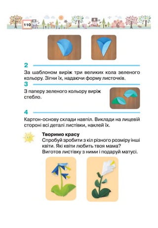 А
АГ'О* ііс|
!•! і .. • ІЯ і
•£§ '
№ ф '
2
За шаблоном виріж три великих кола зеленого
кольору. Зігни їх, надаючи форму листочків.
З ---------------------------------------------
З паперу зеленого кольору виріж
стебло.
4 ------------------------------------------------------------------------
Картон-основу склади навпіл. Виклади на лицевій
стороні всі деталі листівки, наклей їх.
Творимо красу
Спробуй зробити з кіл різного розміру інші
квіти. Які квіти любить твоя мама?
Виготов листівку з ними і подаруй матусі.
 