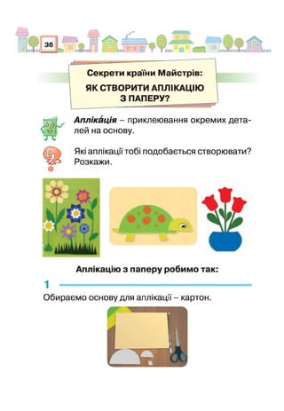 Секрети країни Майстрів:
ЯК СТВОРИТИ АПЛІКАЦІЮ
3 ПАПЕРУ?
Аплікація - приклеювання окремих дета-
4 і лей на основу.
бо Які аплікації тобі подобається створювати?
ЯІР Розкажи.
о
Аплікацію з паперу робимо так:
1 --------------------------------------------------------
Обираємо основу для аплікацї - картон.
 