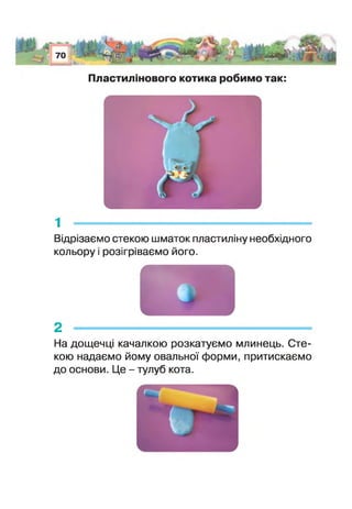 Пластилінового котика робимо так:
1 -
Відрізаємо стекою шматок пластиліну необхідного
кольору і розігріваємо його.
2 -----------------------------------------------------
На дощечці качалкою розкатуємо млинець. Сте­
кою надаємо йому овальної форми, притискаємо
до основи. Це - тулуб кота.
 