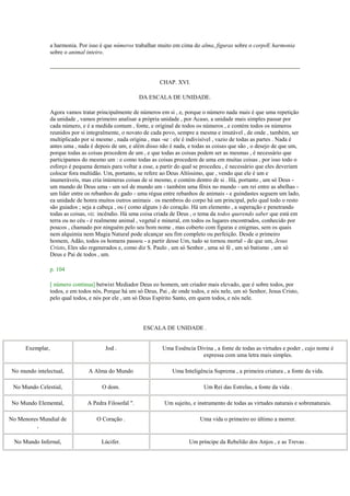 a harmonia. Por isso é que números trabalhar muito em cima do alma, figuras sobre o corpoE harmonia
sobre o animal inteiro.
CHAP. XVI.
DA ESCALA DE UNIDADE.
Agora vamos tratar principalmente de números em si , e, porque o número nada mais é que uma repetição
da unidade , vamos primeiro analisar a própria unidade , por Acaso, a unidade mais simples passar por
cada número, e é a medida comum , fonte, e original de todos os números , e contém todos os números
reunidos por si integralmente, o novato de cada povo, sempre a mesma e imutável , de onde , também, ser
multiplicado por si mesmo , nada origina , mas -se : ele é indivisível , vazio de todas as partes . Nada é
antes uma , nada é depois de um, e além disso não é nada, e todas as coisas que são , o desejo de que um,
porque todas as coisas procedem de um , e que todas as coisas podem ser as mesmas , é necessário que
participamos do mesmo um : e como todas as coisas procedem de uma em muitas coisas , por isso todo o
esforço é pequena demais para voltar a esse, a partir do qual se procedeu , é necessário que eles deveriam
colocar fora multidão. Um, portanto, se refere ao Deus Altíssimo, que , vendo que ele é um e
inumeráveis, mas cria inúmeras coisas de si mesmo, e contém dentro de si . Há, portanto , um só Deus -
um mundo de Deus uma - um sol de mundo um - também uma fênix no mundo - um rei entre as abelhas -
um líder entre os rebanhos de gado - uma régua entre rebanhos de animais - e guindastes seguem um lado,
ea unidade de honra muitos outros animais . os membros do corpo há um principal, pelo qual todo o resto
são guiados ; seja a cabeça , ou ( como alguns ) do coração. Há um elemento , a superação e penetrando
todas as coisas, viz. incêndio. Há uma coisa criada de Deus , o tema da todos querendo saber que está em
terra ou no céu - é realmente animal , vegetal e mineral, em todos os lugares encontrados, conhecido por
poucos , chamado por ninguém pelo seu bom nome , mas coberto com figuras e enigmas, sem os quais
nem alquimia nem Magia Natural pode alcançar seu fim completo ou perfeição. Desde o primeiro
homem, Adão, todos os homens passou - a partir desse Um, tudo se tornou mortal - de que um, Jesus
Cristo, Eles são regenerados e, como diz S. Paulo , um só Senhor , uma só fé , um só batismo , um só
Deus e Pai de todos , um.
p. 104
[ número continua] betwixt Mediador Deus eo homem, um criador mais elevado, que é sobre todos, por
todos, e em todos nós, Porque há um só Deus, Pai , de onde todos, e nós nele, um só Senhor, Jesus Cristo,
pelo qual todos, e nós por ele , um só Deus Espírito Santo, em quem todos, e nós nele.
ESCALA DE UNIDADE .
Exemplar, Jod . Uma Essência Divina , a fonte de todas as virtudes e poder , cujo nome é
expressa com uma letra mais simples.
No mundo intelectual, A Alma do Mundo Uma Inteligência Suprema , a primeira criatura , a fonte da vida.
No Mundo Celestial, O dom. Um Rei das Estrelas, a fonte da vida .
No Mundo Elemental, A Pedra Filosofal ". Um sujeito, e instrumento de todas as virtudes naturais e sobrenaturais.
No Menores Mundial de
,
O Coração . Uma vida o primeiro eo último a morrer.
No Mundo Infernal, Lúcifer. Um príncipe da Rebelião dos Anjos , e as Trevas .
 