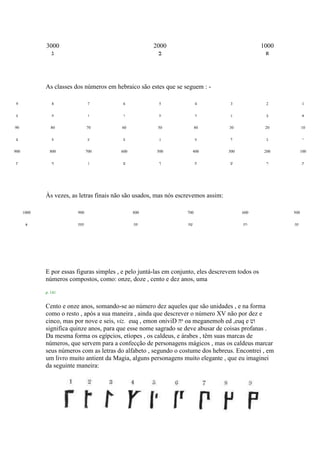 3000
‫ג‬
2000
‫ב‬
1000
‫א‬
As classes dos números em hebraico são estes que se seguem : -
9 8 7 6 5 4 3 2 1
‫ט‬ ‫ח‬ ‫ז‬ ‫ו‬ ‫ה‬ ‫ד‬ ‫ג‬ ‫ב‬ ‫א‬
90 80 70 60 50 40 30 20 10
‫צ‬ ‫פ‬ ‫ע‬ ‫ס‬ ‫נ‬ ‫מ‬ ‫ל‬ ‫כ‬ ‫י‬
900 800 700 600 500 400 300 200 100
‫ץ‬ ‫ף‬ ‫ן‬ ‫ם‬ ‫ך‬ ‫ת‬ ‫ש‬ ‫ר‬ ‫ק‬
Às vezes, as letras finais não são usados, mas nós escrevemos assim:
1000 900 800 700 600 500
‫א‬ ‫קתת‬ ‫תת‬ ‫שת‬ ‫רת‬ ‫קת‬
E por essas figuras simples , e pelo juntá-las em conjunto, eles descrevem todos os
números compostos, como: onze, doze , cento e dez anos, uma
p. 141
Cento e onze anos, somando-se ao número dez aqueles que são unidades , e na forma
como o resto , após a sua maneira , ainda que descrever o número XV não por dez e
cinco, mas por nove e seis, viz. euq , emon oniviD ‫יה‬ oa meganemoh ed ,euq e ‫וט‬
significa quinze anos, para que esse nome sagrado se deve abusar de coisas profanas .
Da mesma forma os egípcios, etíopes , os caldeus, e árabes , têm suas marcas de
números, que servem para a confecção de personagens mágicos , mas os caldeus marcar
seus números com as letras do alfabeto , segundo o costume dos hebreus. Encontrei , em
um livro muito antient da Magia, alguns personagens muito elegante , que eu imaginei
da seguinte maneira:
 