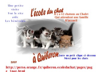 http://perso.orange.fr/quiberon.ecoleduchat/pages/page_1pag.html Une petite visite  Sur le site aide  Les bénévoles   Juste un petit clique ci-dessous Merci pour les chats   Il y a 12 chatons au Chalet  Qui attendent une famille D’accueil   