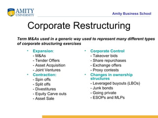 Corporate Restructuring <ul><li>Expansion : </li></ul><ul><li>- M&As </li></ul><ul><li>- Tender Offers </li></ul><ul><li>-...