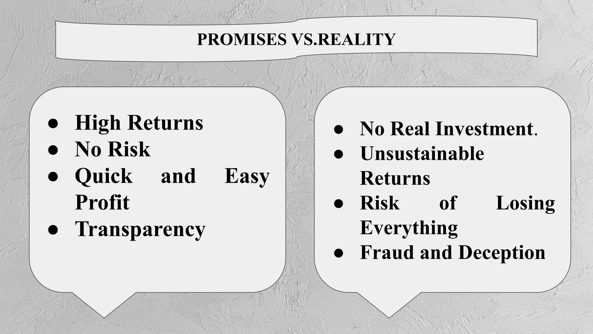 PROMISES VS.REALITY
● High Returns
● No Risk
● Quick and Easy
Profit
● Transparency
● No Real Investment.
● Unsustainable
Returns
● Risk of Losing
Everything
● Fraud and Deception
 