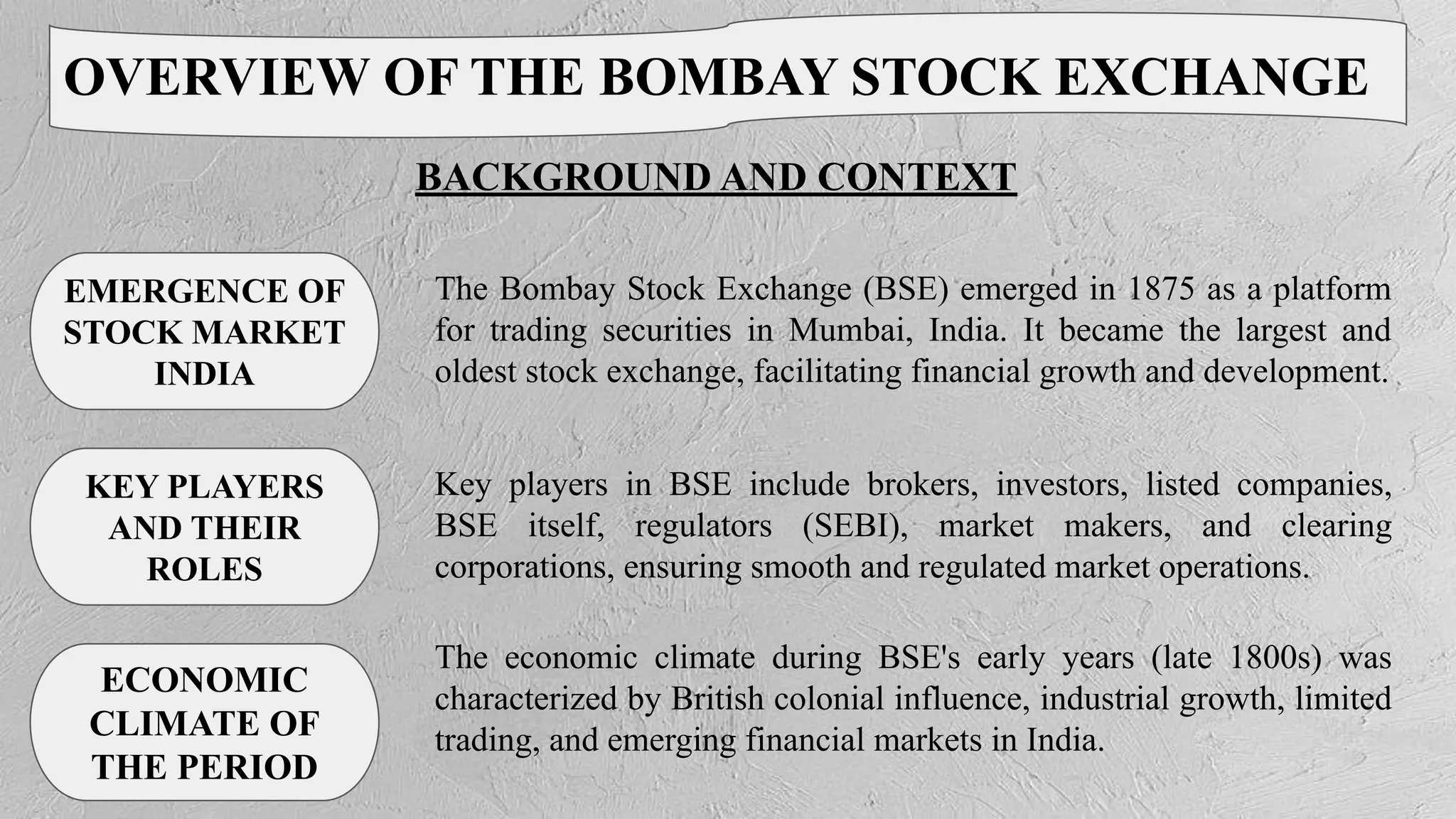 BACKGROUND AND CONTEXT
OVERVIEW OF THE BOMBAY STOCK EXCHANGE
EMERGENCE OF
STOCK MARKET
INDIA
KEY PLAYERS
AND THEIR
ROLES
ECONOMIC
CLIMATE OF
THE PERIOD
The Bombay Stock Exchange (BSE) emerged in 1875 as a platform
for trading securities in Mumbai, India. It became the largest and
oldest stock exchange, facilitating financial growth and development.
Key players in BSE include brokers, investors, listed companies,
BSE itself, regulators (SEBI), market makers, and clearing
corporations, ensuring smooth and regulated market operations.
The economic climate during BSE's early years (late 1800s) was
characterized by British colonial influence, industrial growth, limited
trading, and emerging financial markets in India.
 