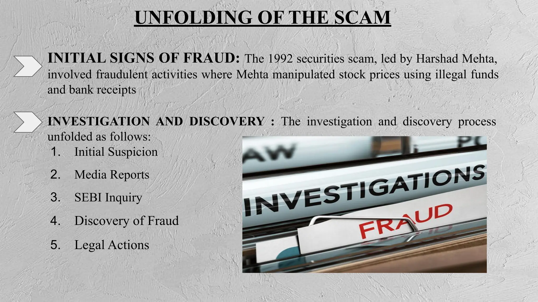 UNFOLDING OF THE SCAM
INITIAL SIGNS OF FRAUD: The 1992 securities scam, led by Harshad Mehta,
involved fraudulent activities where Mehta manipulated stock prices using illegal funds
and bank receipts
INVESTIGATION AND DISCOVERY : The investigation and discovery process
unfolded as follows:
1. Initial Suspicion
2. Media Reports
3. SEBI Inquiry
4. Discovery of Fraud
5. Legal Actions
 