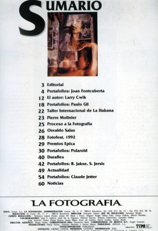  Interview on Mexico Series, La Fotografia, Barcelona, 1992, Table of Contents page from magazine