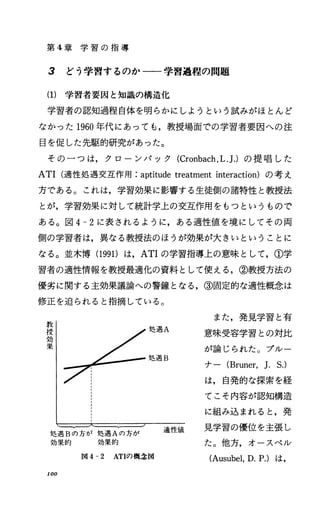 第 4章 学 習 の 指 導
3 どう学習するのか一一学習過程の問題
(1) 学習者要因と知識の構造化
学習者の認知過程自体を明らかにしようという試みがほとんど
なかった 1960年代にあっても，教授場面での学習者要因への注
目を促した先駆的研究があった。
その一つは，クローンパック (Cronbach，L.].)の提唱した
ATI(適性処遇交互作用:aptitudetreatmentinteraction)の考え
方である。これは，学習効果に影響する生徒側の諸特性と教授法
とが，学習効果に対して統計学上の交互作用をもっというもので
ある。図 4-2に表されるように，ある適性値を境にしてその両
側の学習者は，異なる教授法のほうが効果が大きいということに
なる。並木博 (1991) は， ATIの学習指導上の意味として，①学
習者の適性情報を教授最適化の資料として使える，②教授方法の
優劣に関する主効果議論への警鐘となる，③固定的な適性概念は
修正を迫られると指摘している。
教
授
効
果
処遇A
また，発見学習と有
意味受容学習との対比
が論じられた。ブルー
ナー (Bruner，]. 5.)
は，自発的な探索を経
てこそ内容が認知構造
に組み込まれると，発
適性値 見学習の優位を主張し
た。他方，オースペル
処遇 B
処遇 Bの 方 が 処 遇Aの方が
効果的 効果的
1l'<I4-2 ATIの概念図 (Ausubel，D.P.) は，
100
 