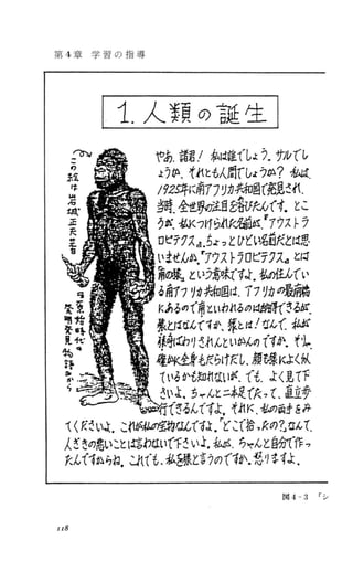第 4章 学 習 の 指 導
11人類の誕生￨
ゃあ.諸君/私，j誰でしょ えず7レでし
ょうが.マれとも人周了しょう必?私ぱ.
/タ2持iく南77 リ力抑自(~息され
当時.佐原のえl3t;おた心です.どこ
州知、切ら似舗JiS..rアウストラ
ロピテ7ス.!I.~ょっと Uど~~名活だとl:!思
いまぜんS入r了ウストラロピテクスd と1;[
漏dえとい清味t9J抑似てい
る局11~iJ劫困，:í. アフリカ d議論
KふるのT宵といわれるのば鮒できるK
義とIJ:U.(，ですが、存ヒピずんて料品
存命-!h'Jされんとい似の fず久 t'1-
嵯鰍企れだらげだし.顔5集Kよく似
ているかる知.t1ないが.ft.よ く ~l下
さいよ.れんとニネ足でんて.重立す
ぎるんてすよ，ぞ点K私の函まさみ
てくださいよこれ州d定例Lてすよ.r"(.::(拾，f<の乙なんて
えささの悪いことlまさわ江いて干さいよ.私がちマんと的作ヲ
μてす川ね.よJtl・も . 私~とま?のてすか.1t.I
) 字社.
九
日
ご
の
M
Y
岩
城
正
夫
ミ
円
三
役
常
時
七
陣
内
込
国
市
奇
見
偽
汗
陶
酔 ・ι，
「シ図 4-3
II8
 