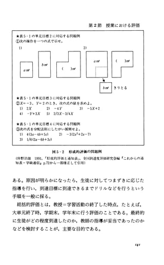 第 2節授業における評価
円山JUEF回き1)とる
*表 5-1の単元日常、 3に対応する問題例
②X=-3， Y=2のとき.次の式の値を求めよ。
1) 2X 2) -4Y 3) -5X+2
4) -Y+3X 5) 2/3X-3/4X
肯表 5-1の単元目標 4に対応する問題例
③次の式を分間己法QIJにしたがい展開せよ。
1) 4(3a-4b+5cl 2) -3(2x2+2x-7)
3) 1I6(2a-6b+3cl
附 5-2 形成的評価のIIIJIIii例
(f中野治雄 1991. r形成的評価と通知表J，全[E[到達度評価研究会制『ζれからの通
知表・学級通信J p.72から一部修正して引用)
ある。原因が明らかになったら，生徒に対してつまずきに応じた
指導を行し h 到達目標に到達できるまでドリルなどを行うという
手順を一般に採る。
総括的評価とは，教授=学習活動の終了した時点，たとえば，
大単元終了時，学期末，学年末に行う評価のことである。最終的
に生徒がどの程度到達したのか，教師の指導が妥当であったのか
などを検討することが，主要な目的である。
141
 