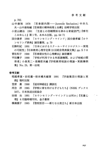 参 考 文 献
p.702.
山中康裕 1978 r思春期内閉一一JuvenileSeclusionJ中井久
夫・山中康裕編『思春期の精神病理と治療』岩崎学術出版
小宮山健治 1991 r生徒との信頼関係を深める家庭訪門Jr季刊
こみゅんと』第 1号，あゆみ出版， pp.64-71
国分康孝 1990 rカウンセリング・マインド」国分康孝編『カウ
ンセリング辞典j誠信書房， p.79
石隈利紀 1991 r日本におけるスクール・サイコロジスト一実現
の可能性Jr日本教育心理学会第 33回総会発表論文集Jpp.S7-8
菅佐和子 1988 r思春期女性の心理療法』誠信書房
平田慶子 1988 r学校が利用できる外部諸機関，および地域の関
係者」小泉英二・高橋哲夫編『学校教育相談の理論・実践事例
集.1No.29，第一法規
参考文献
稲越孝雄・岩垣掻・根本橘夫編著 1991 学級集団の理論と実
践』福村出版
笠 原 嘉 1988 r退却神経症j講談社
河合 洋 1985 r学校に背を向ける子どもたちJ(NHKブックス
507)，日本放送出版協会
田 畑 治 1991 rカウンセリング・マインドとは何かJr児童心
理J6月臨時増刊号，金子書房
横湯園子 1985 r登校拒否一一新たなる旅立ちJ新日本出版
207
 