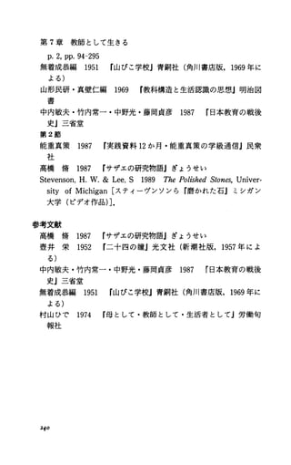 第 7章教師として生きる
p.2，pp.94-295
無着成恭編 1951 r山びこ学校j青銅社(角川書庖版， 1969年に
よる)
山形民研・真壁仁編 1969 r教科構造と生活認識の思想』明治図
書
中内敏夫・竹内常一・中野光・藤岡貞彦 1987 r日本教育の戦後
史』三省堂
第 2節
能重真策 1987 r実践資料 12か月・能重真策の学級通信j民衆
社
高 橋 僑 1987 rサザエの研究物語jぎょうせい
Stevenson，H.W.&Lee.S 1989 ThePolishedStones，Univer-
sityofMichigan[スティーヴンソンら『磨かれた石』ミシガン
大学(ビデオ作品)].
参考文献
高 橋 傍 1987 rサザエの研究物語』ぎょうせい
壷 井 栄 1952 r二十四の瞳j光文社(新潮社版， 1957年によ
る)
中内敏夫・竹内常一・中野光・藤岡貞彦 1987 日本教育の戦後
史』三省堂
無着成恭編 1951 r山びこ学校j青銅社(角川書庖版， 1969年に
よる)
村山ひで 1974 r母として・教師として・生活者として』労働句
報社
240
 