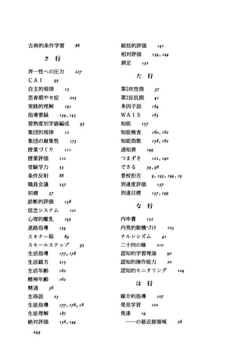古典的条件学習 88
さ 行
斉一性への圧力 227
C A1 95
自主的規律 13
思春期やせ症 203
実践的理解 191
指導要録 134，143
習熟度別学級編成 95
集団的規律 12
集団の凝集性 z刀
授業づくり III
授業評価 112
受験学力 刃
条件反射 88
職員会議 237
初 潮 37
診断的評価 138
信念システム 101
心理的離乳 195
進路指導 154
スキナー箱 89
スモールステップ 95
生活指導 IJ7，ヮ8
生活綴方 215
生活年齢 均
精神年齢 162
精 通 38
生得説 23
生徒指導 IJ7，IJ8，18
生徒理解 187
絶対評価 136， 哨
244
総括的評価 中
相対評価 134，144
測定 1]2
た 行
第2次性徴 37
第2反抗期 41
多因子説 164
W A1S 163
知能 157
知能検査 160，162
知能指数 158，162
通知表 149
つまずき 122，140
できる 34，98
登校拒否 9，193，194，19
到達度評価 137
到達目標 137，149
な 行
内申書 152
内発的動機づけ 103
ナルシシズム 41
二十四の瞳 210
認知的学習理論 90
認知的操作能力 20
認知的モニタリング 104
は 行
媒介的指導 107
発見学習 100
発達 19
ーーの最近接領域 26
 