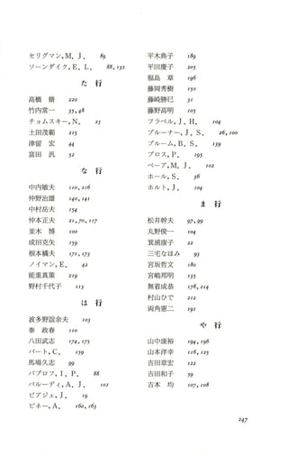 セリグマン，M. J. 89 平木典子 189
ソーンダイク， E.L. 88，132 平田慶子 205
た 行
福 島 章 196
藤岡秀樹 150
高橋 筒 220 藤崎勝巳 JI
竹内常一 35，48 藤野高明 105
チョムスキー，N. 23 フラベル，J.H. 104
土田茂範 215 ブルーナー，J.S. 26，100
津 留 宏 44 ブルーム，B.S. 139
富 田 汎 52 プロス ，P. 195
ベーア ，M. J. 102
な 行
ホール，S. 36
中内敏夫 110，216 ホルト ，J. 104
{中野治雄 140事 141
ま 行
中村岳夫 154
{中本正夫 21，10，117 松井幹夫 97，99
並 木 博 100 丸野俊一 104
成田克矢 159 箕浦康子 22
根本橘夫 171，173 三宅なほみ 93
ノイマン，E. 42 宮坂哲文 180
能重真策 219 宮嶋邦明 135
野村千代子 113 無着成恭 178，214
村山ひで 212
は 行
両角態二 191
波多野誼余夫 103
や 行
泰 政 春 110
八回武志 174，175 山中康裕 194，196
ノてー ト，c. 159 山本洋幸 116，125
馬場久志 99 吉田章宏 122
パプロフ ，I.P. 88 吉田和子 59
パノレーディ ，A.J. 102 吉 本 均 107，108
ピアジェ ，1. 19
ビネー，A. 160，163
247
 
