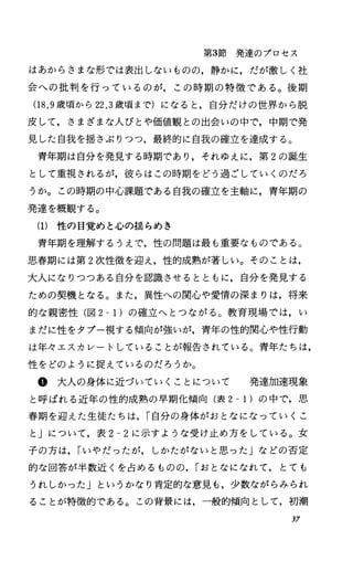 第3節発達のプロセス
はあからさまな形では表出しないものの，静かに，だが激しく社
会への批判を行っているのが，この時期の特徴である。後期
(18，9歳頃から 22，3歳頃まで)になると，自分だけの世界から脱
皮して，さまざまな人びとや価値観との出会いの中で，中期で発
見した自我を揺さぶりつつ，最終的に自我の確立を達成する。
青年期は自分を発見する時期であり，それゆえに，第 2の誕生
として重視されるが，彼らはこの時期をどう過ごしていくのだろ
うか。この時期の中心課題である自我の確立を主軸に，青年期の
発達を概観する。
(1) 性の目覚めと心の揺らめき
青年期を理解するうえで，性の問題は最も重要なものである。
思春期には第 2次性徴を迎え，性的成熟が著しい。そのことは，
大人になりつつある自分を認識させるとともに，自分を発見する
ための契機となる。また，異性への関心や愛'情の深まりは，将来
的な親密性(図 2-1)の確立へとつながる。教育現場では，い
まだに性をタブー視する傾向が強いが，青年の性的関心や性行動
は年々エスカレートしていることが報告されている。青年たちは，
性をどのように捉えているのだろうか。
@大人の身体に近づいていくことについて 発達加速現象
と呼ばれる近年の性的成熟の早期化傾向(表 2-1)の中で，思
春期を迎えた生徒たちは， I自分の身体がおとなになっていくこ
と」について，表 2-2に示すような受け止め方をしている。女
子の方は， Iいやだったが，しかたがないと思った」などの否定
的な回答が半数近くを占めるものの， Iおとなになれて，とても
うれしかった」というかなり肯定的な意見も，少数ながらみられ
ることが特徴的である。この背景には，一般的傾向として，初潮
37
 