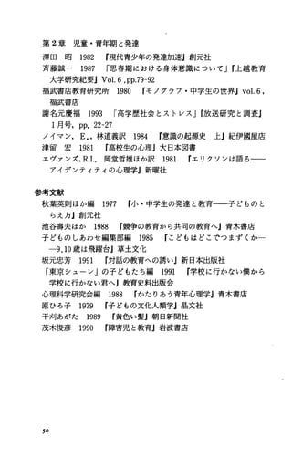 第 2章児童・青年期と発達
津田 昭 1982 r現代青少年の発達加速j創元社
斉藤誠一 1987 r思春期における身体意識についてJr上越教育
大学研究紀要JVol.6，pp.79-92
福武書庖教育研究所 1980 モノグラフ・中学生の世界Jvol.6.
福武書庖
謝名元慶福 1993 r高学歴社会とストレスJr放送研究と調査j
1月号. PP.22-27
ノイマン. E..林道義訳 1984 r意識の起源史 上j紀伊国屋庖
津 留 宏 1981 r高校生の心理j大日本図書
エヴアンズ.R.I.， 岡堂哲雄ほか訳 1981 rエリクソンは語る一一
アイデンティティの心理学』新曜社
参考文献
秋葉英則ほか編 1977 r小・中学生の発達と教育一一子どものと
らえ方』創元社
池谷寿夫ほか 1988 r競争の教育から共同の教育へj青木書庖
子どものしあわせ編集部編 1985 rこどもはどこでつまずくかー
-9，10歳は飛躍台』草土文化
坂元忠芳 1991 対話の教育への誘い』新日本出版社
「東京シューレJの子どもたち編 1991 r学校に行かない僕から
学校に行かない君へj教育史料出版会
心理科学研究会編 1988 rかたりあう青年心理学j青木書庖
原ひろ子 1979 r子どもの文化人類学』晶文社
干刈あがた 1989 r黄色い髪』朝日新聞社
茂木俊彦 1990 r障害児と教育』岩波書庖
50
 