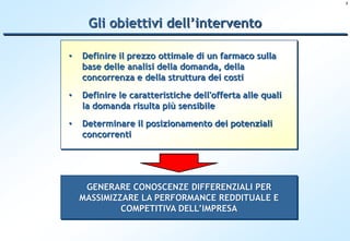 3




     Gli obiettivi dell’intervento

•   Definire il prezzo ottimale di un farmaco sulla
    base delle analisi della domanda, della
    concorrenza e della struttura dei costi
•   Definire le caratteristiche dell'offerta alle quali
    la domanda risulta più sensibile
•   Determinare il posizionamento dei potenziali
    concorrenti




     GENERARE CONOSCENZE DIFFERENZIALI PER
    MASSIMIZZARE LA PERFORMANCE REDDITUALE E
             COMPETITIVA DELL’IMPRESA
 