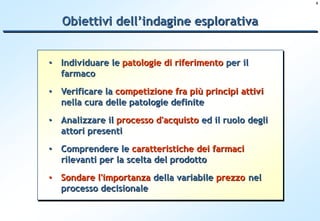6




    Obiettivi dell’indagine esplorativa


•   Individuare le patologie di riferimento per il
    farmaco
•   Verificare la competizione fra più principi attivi
    nella cura delle patologie definite
•   Analizzare il processo d'acquisto ed il ruolo degli
    attori presenti
•   Comprendere le caratteristiche dei farmaci
    rilevanti per la scelta del prodotto
•   Sondare l'importanza della variabile prezzo nel
    processo decisionale
 