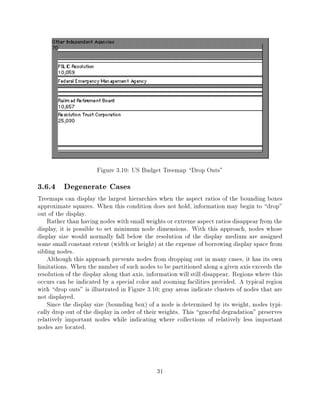 Figure 3.10: US Budget Treemap Drop Outs"
3.6.4 Degenerate Cases
Treemaps can display the largest hierarchies when the aspect ratios of the bounding boxes
approximate squares. When this condition does not hold, information may begin to drop"
out of the display.
    Rather than having nodes with small weights or extreme aspect ratios disappear from the
display, it is possible to set minimum node dimensions. With this approach, nodes whose
display size would normally fall below the resolution of the display medium are assigned
some small constant extent (width or height) at the expense of borrowing display space from
sibling nodes.
    Although this approach prevents nodes from dropping out in many cases, it has its own
limitations. When the number of such nodes to be partitioned along a given axis exceeds the
resolution of the display along that axis, information will still disappear. Regions where this
occurs can be indicated by a special color and zooming facilities provided. A typical region
with drop outs" is illustrated in Figure 3.10 gray areas indicate clusters of nodes that are
not displayed.
    Since the display size (bounding box) of a node is determined by its weight, nodes typi-
cally drop out of the display in order of their weights. This graceful degradation" preserves
relatively important nodes while indicating where collections of relatively less important
nodes are located.




                                              31
 