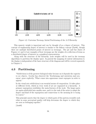 Figure 4.2: Cartesian Treemap, Initial Partitioning of the A-Z Hierarchy
   This numeric weight is important and can be thought of as a degree of interest. This
concept of emphasizing degree of interest is similar to the sheye concept Fur86], though
there are multiple distributed points of interest in treemaps. The pie and bar charts of
Figures 4.1 and 4.2 are examples of how treemaps use the weights of a collection of items as
a distributed degree of interest in a graphical representation.
   Along with the structure of the hierarchy, node weights will be used in the treemap
algorithms to partition the display space. In general the mapping of content information to
the display is independent of the basic structure of the diagram and will be covered separately
in Chapter 5.

4.3 Partitioning
     Subdivision is of the greatest biological value because on it depends the capacity
     to see objects. Goethe has observed the `Erscheinung und entzweien sind syn-
     onym' more explicitly, 'What comes into appearance must segregate in order to
     appear.'
     In the visual arts subdivision is an essential means of composition. It takes place
     at di erent levels, which in every work of art are organized in a hierarchy. A
     primary segregation establishes the main features of the work. The larger parts
     are again subdivided into smaller ones, and it is the task of the artist to adapt the
     degree and kind of the segregation and connections to the meaning he is trying
     to convey."
     This principle asserts that the degree to which parts of the pattern resemble each
     other in some perceptual quality will help determine the degree to which they
     are seen as belonging together."
      Arn69]

                                              36
 