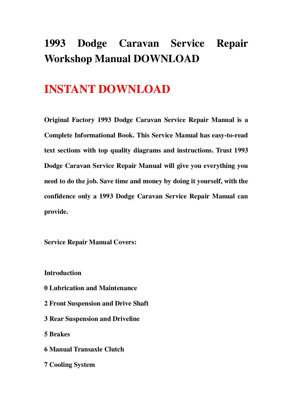 1993 dodge caravan service repair workshop manual download
