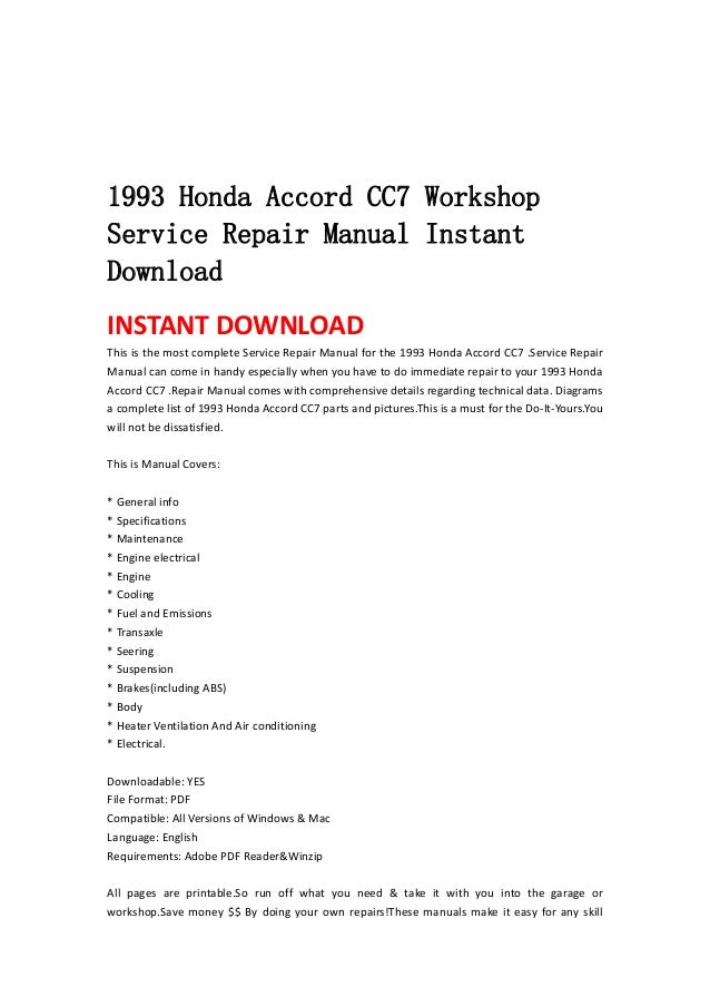 1993 Honda Accord Cc7 Workshop Service Repair Manual Instant Download