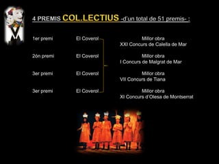 1er premi El Coverol Millor obra
XXI Concurs de Calella de Mar
2ón premi El Coverol Millor obra
I Concurs de Malgrat de Mar
3er premi El Coverol Millor obra
VII Concurs de Tiana
3er premi El Coverol Millor obra
XI Concurs d’Olesa de Montserrat
 