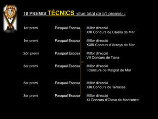 1er premi Pasqual Escosa Millor direcció
XXI Concurs de Calella de Mar
1er premi Pasqual Escosa Millor direcció
XXIII Concurs d’Arenys de Mar
2ón premi Pasqual Escosa Millor direcció
VII Concurs de Tiana
3er premi Pasqual Escosa Millor direcció
I Concurs de Malgrat de Mar
3er premi Pasqual Escosa Millor direcció
XXI Concurs de Terrassa
3er premi Pasqual Escosa Millor direcció
XI Concurs d’Olesa de Montserrat
 