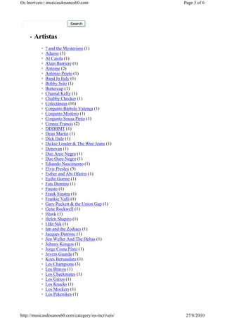Os Incríveis | musicasdosanos60.com                  Page 3 of 6



                           Search


     •   Artistas
           ◦   ? and the Mysterians (1)
           ◦   Adamo (3)
           ◦   Al Caiola (1)
           ◦   Alain Barriere (1)
           ◦   Antoine (2)
           ◦   António Prieto (1)
           ◦   Band In Italy (1)
           ◦   Bobby Solo (1)
           ◦   Buttercup (1)
           ◦   Chantal Kelly (1)
           ◦   Chubby Checker (1)
           ◦   Colectâneas (16)
           ◦   Conjunto Bártolo Valença (1)
           ◦   Conjunto Mistério (1)
           ◦   Conjunto Sousa Pinto (1)
           ◦   Connie Francis (2)
           ◦   DDDBMT (1)
           ◦   Dean Martin (1)
           ◦   Dick Dale (1)
           ◦   Dickie Loader & The Blue Jeans (1)
           ◦   Donovan (1)
           ◦   Duo Arco Negro (1)
           ◦   Duo Ouro Negro (1)
           ◦   Eduardo Nascimento (1)
           ◦   Elvis Presley (3)
           ◦   Esther and Abi Ofarim (1)
           ◦   Eydie Gorme (1)
           ◦   Fats Domino (1)
           ◦   Fausto (1)
           ◦   Frank Sinatra (1)
           ◦   Frankie Valli (1)
           ◦   Gary Puckett & the Union Gap (1)
           ◦   Gene Rockwell (1)
           ◦   Hawk (1)
           ◦   Helen Shapiro (1)
           ◦   I Bit Nik (1)
           ◦   Ian and the Zodiacs (1)
           ◦   Jacques Dutronc (1)
           ◦   Jim Weller And The Deltas (1)
           ◦   Johnny Kongos (1)
           ◦   Jorge Costa Pinto (1)
           ◦   Jovem Guarda (7)
           ◦   Koes Bersaudara (1)
           ◦   Les Champions (3)
           ◦   Los Bravos (1)
           ◦   Los Checkmates (1)
           ◦   Los Gritos (1)
           ◦   Los Knacks (1)
           ◦   Los Mockers (1)
           ◦   Los Pekenikes (1)



http://musicasdosanos60.com/category/os-incriveis/    27/8/2010
 