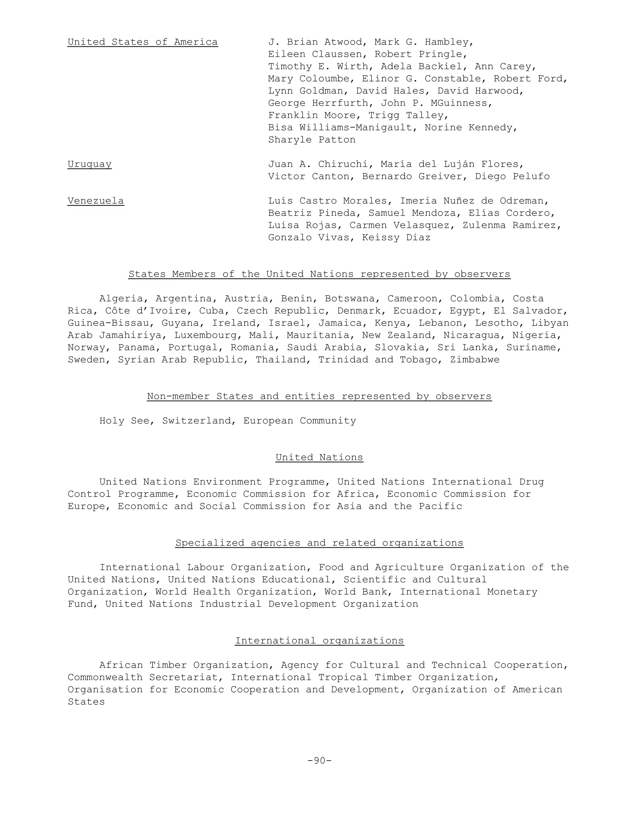United States of America J. Brian Atwood, Mark G. Hambley,
Eileen Claussen, Robert Pringle,
Timothy E. Wirth, Adela Backiel, Ann Carey,
Mary Coloumbe, Elinor G. Constable, Robert Ford,
Lynn Goldman, David Hales, David Harwood,
George Herrfurth, John P. MGuinness,
Franklin Moore, Trigg Talley,
Bisa Williams-Manigault, Norine Kennedy,
Sharyle Patton
Uruguay Juan A. Chiruchi, María del Luján Flores,
Victor Canton, Bernardo Greiver, Diego Pelufo
Venezuela Luís Castro Morales, Imeria Nuñez de Odreman,
Beatriz Pineda, Samuel Mendoza, Elías Cordero,
Luisa Rojas, Carmen Velasquez, Zulenma Ramirez,
Gonzalo Vivas, Keissy Diaz
States Members of the United Nations represented by observers
Algeria, Argentina, Austria, Benin, Botswana, Cameroon, Colombia, Costa
Rica, Côte d’Ivoire, Cuba, Czech Republic, Denmark, Ecuador, Egypt, El Salvador,
Guinea-Bissau, Guyana, Ireland, Israel, Jamaica, Kenya, Lebanon, Lesotho, Libyan
Arab Jamahiriya, Luxembourg, Mali, Mauritania, New Zealand, Nicaragua, Nigeria,
Norway, Panama, Portugal, Romania, Saudi Arabia, Slovakia, Sri Lanka, Suriname,
Sweden, Syrian Arab Republic, Thailand, Trinidad and Tobago, Zimbabwe
Non-member States and entities represented by observers
Holy See, Switzerland, European Community
United Nations
United Nations Environment Programme, United Nations International Drug
Control Programme, Economic Commission for Africa, Economic Commission for
Europe, Economic and Social Commission for Asia and the Pacific
Specialized agencies and related organizations
International Labour Organization, Food and Agriculture Organization of the
United Nations, United Nations Educational, Scientific and Cultural
Organization, World Health Organization, World Bank, International Monetary
Fund, United Nations Industrial Development Organization
International organizations
African Timber Organization, Agency for Cultural and Technical Cooperation,
Commonwealth Secretariat, International Tropical Timber Organization,
Organisation for Economic Cooperation and Development, Organization of American
States
-90-
 