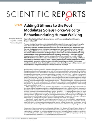 1Scientific Reports | 6:29870 | DOI: 10.1038/srep29870
www.nature.com/scientificreports
Adding Stiffness to the Foot
Modulates Soleus Force-Velocity
Behaviour during HumanWalking
Kota Z. Takahashi1
, Michael T. Gross2
, Herman vanWerkhoven3
, Stephen J. Piazza4
&
Gregory S. Sawicki5
Previous studies of human locomotion indicate that foot and ankle structures can interact in complex
ways.The structure of the foot defines the input and output lever arms that influences the force-
generating capacity of the ankle plantar flexors during push-off.At the same time, deformation of the
foot may dissipate some of the mechanical energy generated by the plantar flexors during push-off.
We investigated this foot-ankle interplay during walking by adding stiffness to the foot through shoes
and insoles, and characterized the resulting changes in in vivo soleus muscle-tendon mechanics using
ultrasonography.Added stiffness decreased energy dissipation at the foot (p < 0.001) and increased
the gear ratio (i.e., ratio of ground reaction force and plantar flexor muscle lever arms) (p < 0.001).
Added foot stiffness also altered soleus muscle behaviour, leading to greater peak force (p < 0.001) and
reduced fascicle shortening speed (p < 0.001). Despite this shift in force-velocity behaviour, the whole-
body metabolic cost during walking increased with added foot stiffness (p < 0.001).This increased
metabolic cost is likely due to the added force demand on the plantar flexors, as walking on a more rigid
foot/shoe surface compromises the plantar flexors’ mechanical advantage.
Recent evidence suggests that the foot and ankle embody fundamental structure-function relationships at play
during human locomotion. For example, during push-off from the ground, the foot functions as a lever with lever
arms for input forces (ankle plantar flexors) and output forces (those originating from the ground). At each step
during walking and running, forces underneath the foot propagate from heel to toe1–3
, creating a continuously
changing ratio between these lever arms, or “gear ratio”4
. This gearing mechanism afforded by the foot influences
not only muscle-tendon leverage, but also muscle-tendon force-generating capacity through modulation of fibre
shortening velocity4,5
. The ankle plantar flexors work within these geometric constraints to achieve favourable
operating points on the force-length6
and force-velocity profiles7–9
, and generate a burst of positive power during
push-off. In fact, the muscle-tendon units of the ankle perform more positive work during walking and running
than those of any other joint including the knee and hip10,11
, contributing to forward propulsion12
and increasing
whole-body mechanical energy13
.
While foot gearing appears to aid in generation of plantar flexor force and ankle push-off power, recent studies
have shown that the foot is a potential energy sink during locomotion. In fact, much of the energy generated by
the ankle muscle-tendon structures during push-off is absorbed by and dissipated through foot deformation14,15
,
including extension of the metatarsal-phalangeal joints in late stance16–18
. When humans walk faster, the ankle
muscle-tendon units generate more energy while the foot absorbs more energy19
. Further investigation of this
opposing energetic interplay may elucidate the underlying mechanisms that regulate mechanics and energetics of
human locomotion. Such insights may lead to improved understanding of foot and ankle pathologies, and inspire
novel designs for wearable devices, such as prostheses, orthoses, exoskeletons, and footwear.
A potentially valuable approach to studying interactions between the foot and ankle is to alter the struc-
tural properties of the foot/shoe interface, and analyse the resulting changes in ankle function. For example,
prescribing shoes with increased midsole longitudinal bending stiffness can alter foot mechanics in several
ways. First, the added bending stiffness would act to restrict extension at the metatarsal-phalangeal joints, and
1
Department of Biomechanics, University of Nebraska at Omaha, USA. 2
Division of PhysicalTherapy, University of
NorthCarolina atChapel Hill,USA. 3
Department of Health and ExerciseScience,AppalachianStateUniversity,USA.
4
Department of Kinesiology,The PennsylvaniaStateUniversity,USA. 5
Joint Department of Biomedical Engineering,
University of North Carolina at Chapel Hill and North Carolina State University, USA. Correspondence and requests
for materials should be addressed to K.Z.T. (email: ktakahashi@unomaha.edu)
received: 11 March 2016
accepted: 24 June 2016
Published: 15 July 2016
OPEN
 