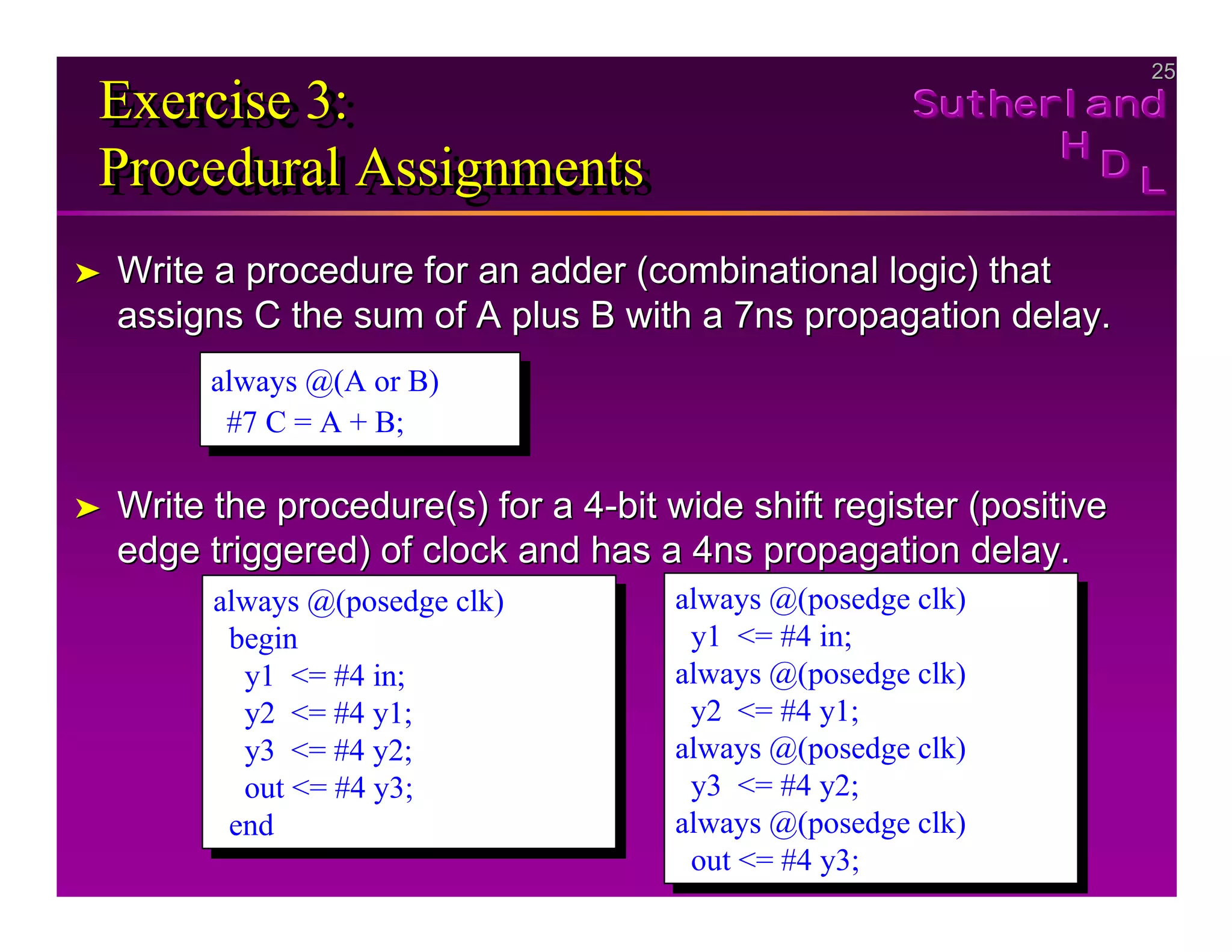 25
25
Sutherland
Sutherland
Sutherland
H
H
H
D
D
D L
L
L
Exercise 3:
Procedural Assignments
Exercise 3:
Exercise 3:
Procedural Assignments
Procedural Assignments
➤
➤ Write a procedure for an adder (combinational logic) that
Write a procedure for an adder (combinational logic) that
assigns C the sum of A plus B with a 7ns propagation delay.
assigns C the sum of A plus B with a 7ns propagation delay.
➤
➤ Write the procedure(s) for a 4
Write the procedure(s) for a 4-
-bit wide shift register (positive
bit wide shift register (positive
edge triggered) of clock and has a 4ns propagation delay.
edge triggered) of clock and has a 4ns propagation delay.
always @(A or B)
#7 C = A + B;
always @(A or B)
#7 C = A + B;
always @(posedge clk)
begin
y1 <= #4 in;
y2 <= #4 y1;
y3 <= #4 y2;
out <= #4 y3;
end
always @(posedge clk)
begin
y1 <= #4 in;
y2 <= #4 y1;
y3 <= #4 y2;
out <= #4 y3;
end
always @(posedge clk)
y1 <= #4 in;
always @(posedge clk)
y2 <= #4 y1;
always @(posedge clk)
y3 <= #4 y2;
always @(posedge clk)
out <= #4 y3;
always @(posedge clk)
y1 <= #4 in;
always @(posedge clk)
y2 <= #4 y1;
always @(posedge clk)
y3 <= #4 y2;
always @(posedge clk)
out <= #4 y3;
 