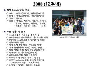 2008 (12주년)
 대표 : 박선아(1학기), 황금성(2학기)
 디담 : 정명교(1학기), 정효민(2학기)
 간사 : 정보배
 리더 : 정명교, 황은진, 정효민, 우강완,
김지혜, 양성호, 황금성, 김미현,
이희주, 방다혜, 배한나, 서은경
해피캠프 단체 사진 (2008. 여름)
학생 Leadership 구성
주요 활동 및 소개
 msg소그룹의 역동성을 중점에 둠
 대표/디담이 전도/양육소그룹 코디를 병행
 2학기에 msg2소그룹운영(셀분열 기대)
 전국수련회 참석
 새벗 초청 1박 행사 “가족의 탄생”
 자매 생활공동체 시작(그린빌, 6명)
 형제 생활공동체 확장 (방 4개/10여명)
 의대지부 소그룹 운영(2~3개)
 나음누리수련회 참여 : 손가연
 Malaysia 단기선교 복귀 : 황은진
 MEET Malaysia 이후 자발적 단기선교
→ Malaysia 파송 : 김겸욱(01)
 졸업생 : 김겸욱, 황은진, 손유미
 