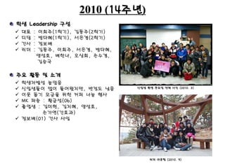 2010 (14주년)
 대표 : 이희주(1학기), 김동주(2학기)
 디담 : 방다혜(1학기), 서은경(2학기)
 간사 : 정보배
 리더 : 김동주, 이희주, 서은경, 방다혜,
양성호, 배한나, 오상희, 손수경,
김승국
신입생 환영 큰모임 단체 사진 (2010. 3)
학생 Leadership 구성
주요 활동 및 소개
 학생자발성 높았음
 신입생들이 많이 들어왔지만, 반정도 남음
 이웃 돕기 모금을 위한 커피 나눔 행사
 MK 파송 : 황금성(06)
 졸업생 : 김미현, 김지혜, 양성호,
손가연(간호과)
 정보배(01) 간사 사임
리더 아웃팅 (2010. 9)
 