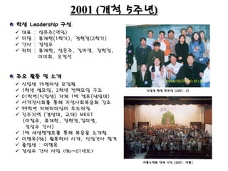 2001 (개척 5주년)
 대표 : 성은주(연임)
 디담 : 류재한(1학기), 장현정(2학기)
 간사 : 정성우
 리더 : 류재한, 성은주, 김미영, 장현정,
이미희, 오정선
신입생 환영 큰모임 (2001. 3)
학생 Leadership 구성
주요 활동 및 소개
 신입생 15명이상 모집됨
 1학년 셀모임, 2학년 컨텍모임 구조
 01학번(신입생) 자체 1박 캠프(남일대)
 서적전시회를 통해 지성사회복음화 강조
 99학번 자매리더십이 두드러짐
 진주지역 (경상대, 교대) MEET
(이철우, 류재한, 장현정,김미영,
정성우 간사)
 1박 새생명캠프를 통해 복음을 소개함
 이명옥(96) 활동학사 시작, 신입간사 합격
 졸업생 : 이명옥
 정성우 간사 사임 <96~01년도>
여름수련회 단체 사진 (2001. 여름)
 