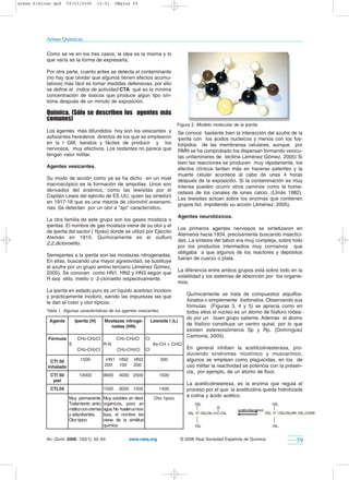 armas kimicas.qxd     09/03/2006         10:01     PÆgina 59




           Armas Químicas

           Como se ve en los tres casos, la idea es la misma y lo
           que varía es la forma de expresarla.

           Por otra parte, cuanto antes se detecta el contaminante
           (no hay que olvidar que algunos tienen efectos acumu-
           lativos) más fácil es tomar medidas defensivas, por ello
           se define el índice de actividad CTA qué es la mínima
           concentración de tóxicos que produce algún tipo sín-
           toma después de un minuto de exposición.

           Química. (Sólo se describen los agentes más
           comunes)
                                                                                         Figura 2. Modelo molecular de la iperita
           Los agentes más difundidos hoy son los vesicantes y                           Se conoce bastante bien la interacción del azufre de la
           asfixiantes herederos directos de los que se emplearon                        iperita con los ácidos nucleicos y menos con los fos-
           en la I GM, baratos y fáciles de producir y los                               folípidos de las membranas celulares, aunque por
           nerviosos, muy efectivos. Los restantes no parece que                         RMN se ha comprobado los dispersan formando vesícu-
           tengan valor militar.                                                         las unilaminares de lecitina (Jiménez Gómez, 2005) Si
                                                                                         bien las reacciones se producen muy rápidamente, los
           Agentes vesicantes.                                                           efectos clínicos tardan más en hacerse patentes y la
                                                                                         muerte celular acontece al cabo de unas 4 horas
           Su modo de acción como ya se ha dicho en un nivel                             después de la exposición. Si la contaminación es muy
           macroscópico es la formación de ampollas. Unos son                            intensa pueden ocurrir otros caminos como la home-
           derivados del arsénico, como las lewisitas por el
                                                                                         ostasis de los canales de iones calcio. (Llinás 1982).
           Capitán Lewis del ejército de EE.UU. quien las sintetizó
                                                                                         Las lewisitas actúan sobre los enzimas que contienen
           en 1917-18 que es una mezcla de clorovinil arsenami-
                                                                                         grupos tiol, impidiendo su acción (Jiménez, 2005).
           nas. Se detectan por un olor a "ajo" característico.
                                                                                         Agentes neurotóxicos.
           La otra familia de este grupo son los gases mostaza o
           iperitas. El nombre de gas mostaza viene de su olor y el
                                                                                         Los primeros agentes nerviosos se sintetizaron en
           de iperita del sector ( Yprès) donde se utilizó por Ejército
                                                                                         Alemania hacia 1934, precisamente buscando insectici-
           Alemán en 1915. Químicamente es el sulfuro
                                                                                         das. La síntesis del tabún era muy compleja, sobre todo
           2,2,dicloroetilo.
                                                                                         por los productos intermedios muy corrosivos que
                                                                                         obligaba a que algunos de los reactores y depósitos
           Semejantes a la iperita son las mostazas nitrogenadas.
                                                                                         fueran de cuarzo o plata.
           En ellas, buscando una mayor agresividad, se sustituye
           el azufre por un grupo amino terciario (Jiménez Gómez,
                                                                                         La diferencia entre ambos grupos está sobre todo en la
           2005). Se conocen como HN1, HN2 y HN3 según que
                                                                                         volatilidad y los sistemas de absorción por los organis-
           R sea etilo, metilo o 2-cloroetilo respectivamente.
                                                                                         mos.
           La iperita en estado puro es un líquido aceitoso incoloro
           y prácticamente inodoro, siendo las impurezas las que                             Químicamente se trata de compuestos alquilfos-
           le dan el color y olor típicos.                                                   fonatos o simplemente fosfonatos. Observando sus
                                                                                             fórmulas (Figuras 3, 4 y 5) se aprecia como en
           Tabla 1. Algunas características de los agentes vesicantes.                       todos ellos el núcleo es un átomo de fósforo rodea-
                                                                                             do por un buen grupo saliente. Además el átomo
            Agente         Iperita (H)      Mostazas nitroge-             Lewisita I (L)
                                              nadas (HN)
                                                                                             de fósforo constituye un centro quiral, por lo que
                                                                                             existen estereoisómeros Sp y Rp. (Domínguez
                                                                                             Carmona, 2005).
            Fórmula         CH2-CH2Cl              CH2-CH2Cl         Cl
                       S                    R-N                            As-CH = CHCl
                            CH2-CH2Cl              CH2-CH2Cl         Cl                      En general inhiben la acetilcolinesterasa, pro-
                                                                                             duciendo síndromes nicotínico y muscarínico,
            CTI 50           1500            HN1 HN2        HN3                300           algunos se emplean como plaguicidas, en los de
           inhalado                         200  100        200                              uso militar la reactividad se potencia con la presen-
                                                                                             cia, por ejemplo, de un átomo de flúor.
             CTI 50          10000          9000    4000 2500                 1500
              piel
                                                                                             La acetilcolinestresa, es la enzima que regula el
             CTL50                          1500    3000 1500                 1400           proceso por el que la acetilcolina queda hidrolizada
                       Muy permanente.      Muy solubles en disol.         Olor típico
                                                                                             a colina y ácido acético.
                       Tratamiento sinto-   organícos, poco en
                       mático con cremas    agua. No huelen a mos-
                       y adsorbentes.       taza, el nombre les
                       Olor típico          viene de la similitud
                                            química


           An. Quím. 2006, 102(1), 55−64                 www.rseq.org                      © 2006 Real Sociedad Española de Química            59
 