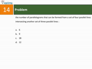 14   Problem

     the number of parallelograms that can be formed from a set of four parallel lines
     intersecting another set of three parallel lines :


     a. 6
     b. 9
     c. 18
     d. 12
 